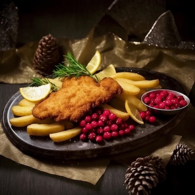 uno schnitzel Wiener originale con patatine fritte e mirtilli