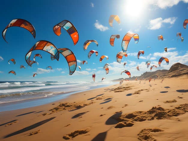 Uno sciame di aquiloni colorati che si librano in alto sopra una spiaggia sabbiosa