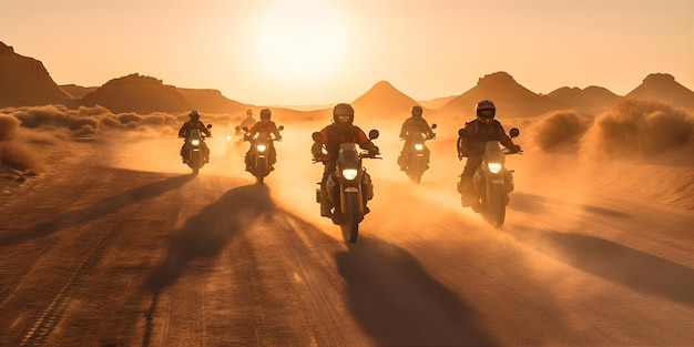 Uno sciame di motociclette che attraversano un paesaggio desertico sollevando nuvole di polvere creando un'atmosfera emozionante e avventurosa