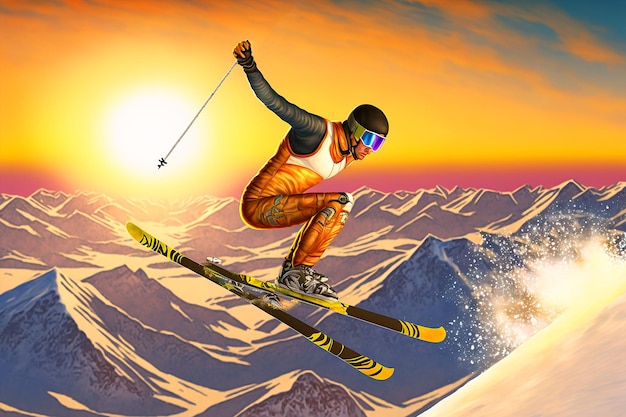 Uno sciatore è a mezz'aria su una montagna.