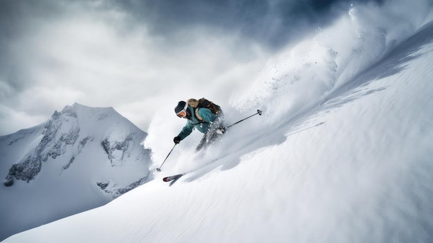 Uno sciatore scende da una montagna innevata con un cielo nuvoloso alle spalle.