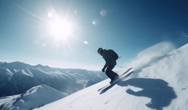 Uno sciatore scende da una montagna innevata.