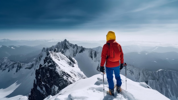 Uno sciatore si trova sulla cima di una montagna innevata