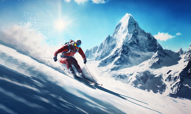 Uno sciatore sta sciando giù da una montagna con un cielo blu dietro di lui.