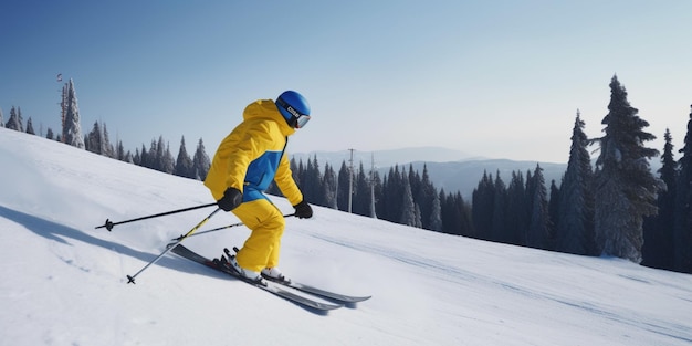 Uno sciatore sta sciando lungo un pendio con una montagna sullo sfondo.