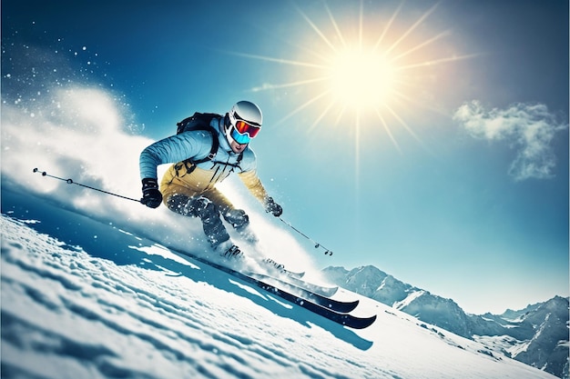 uno sciatore sta sciando lungo una collina innevata con il sole alle spalle.