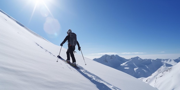Uno sciatore su una montagna innevata con il sole che splende sulla montagna dietro di lui.