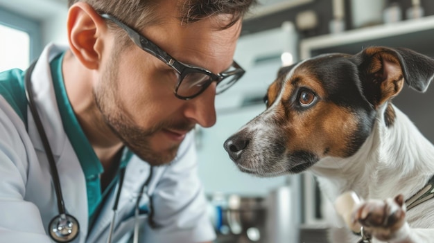 Uno scienziato accarezza un cane in un camice da laboratorio Un'affascinante connessione tra uomo e animale