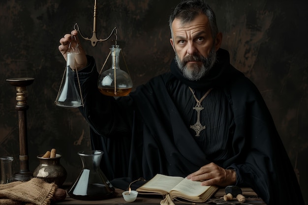 Uno scienziato alchimista medievale con un libro lavora nel suo laboratorio