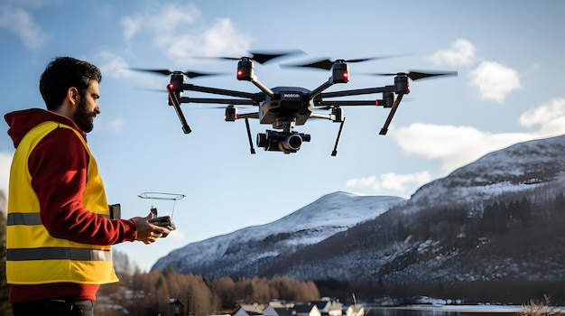 Uno scienziato che gestisce un drone ad alta tecnologia per la raccolta di dati geografici