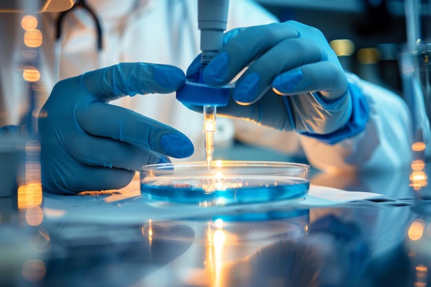 Uno scienziato che indossa guanti blu che tiene una ciotola di Petri con campioni di batteri o virus
