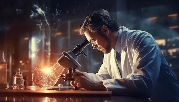 Uno scienziato in camico da laboratorio osserva attentamente i campioni attraverso un microscopio in un laboratorio ben illuminato
