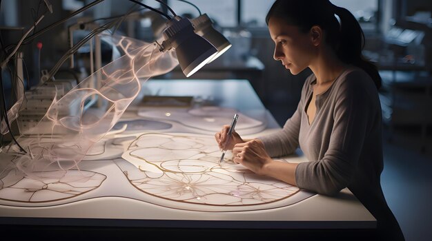 Uno scienziato in un laboratorio di fabbricazione digitale che studia i dati dei materiali