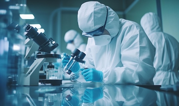 Uno scienziato lavora in un laboratorio con un microscopio.