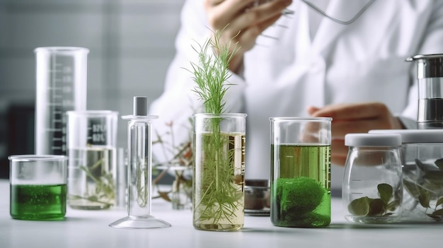 Uno scienziato sta lavorando in un laboratorio con provette e provette con la scritta "biocarburante" in cima.