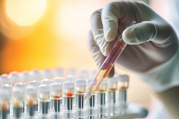 Uno scienziato tiene in mano una provetta di sangue in un laboratorio