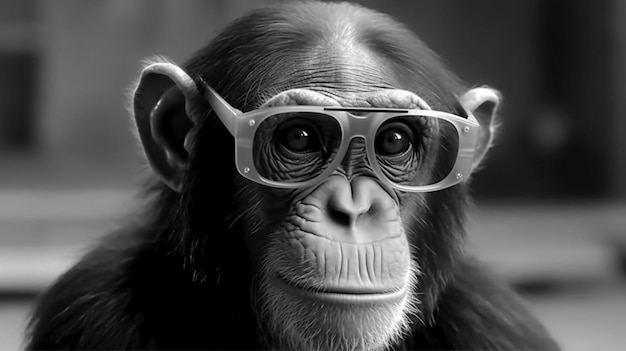 Uno scimpanzé che indossa occhiali da sole e un paio di occhiali da sole.