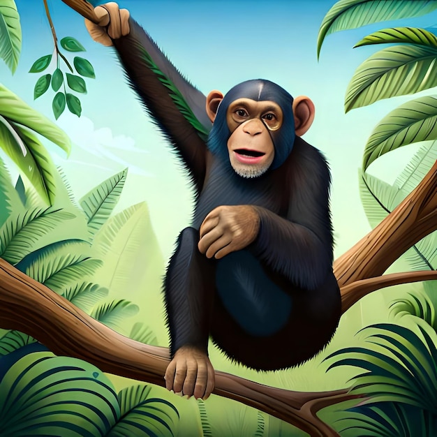 Uno scimpanzé in una giungla con foglie e rami.