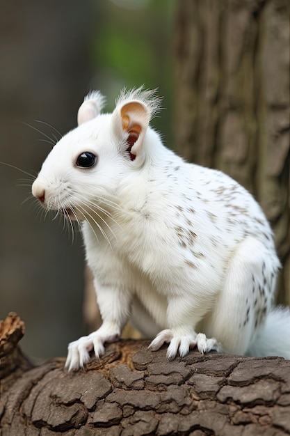 Uno scoiattolo bianco si siede su un ramo nel bosco.