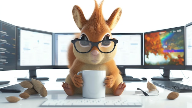 Uno scoiattolo che indossa occhiali a corna si siede a una scrivania davanti a tre monitor computerizzati