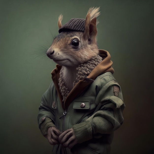 Uno scoiattolo che indossa una giacca verde e un cappello.
