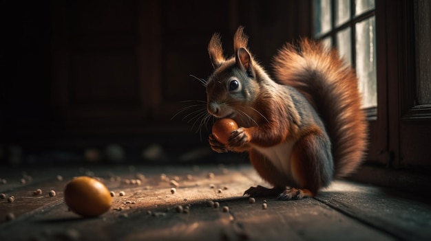 Uno scoiattolo che mangia un uovo in una stanza buia