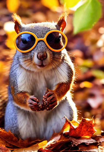 Uno scoiattolo con gli occhiali nella foresta autunnale Uno scoiattolo in natura in un parco in autunno Cute scoiattolo