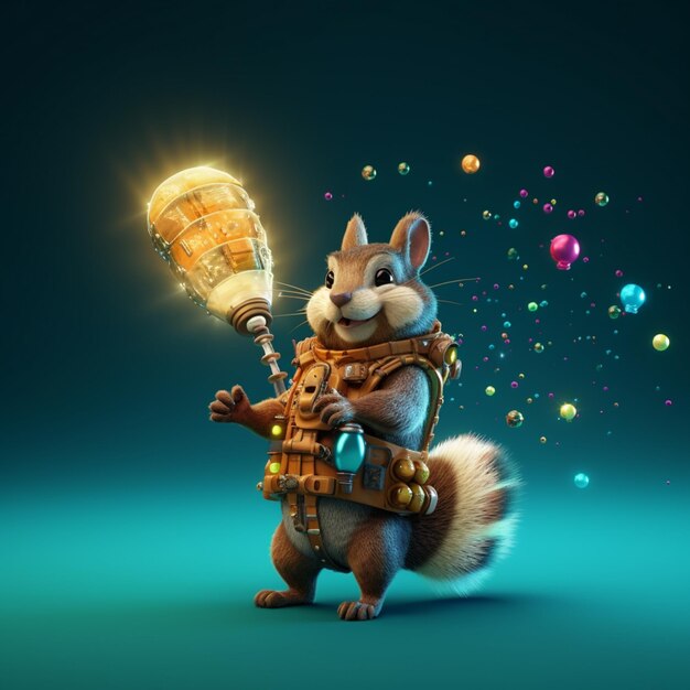 Uno scoiattolo con una luce sul braccio tiene in mano una lanterna con una luce accesa.