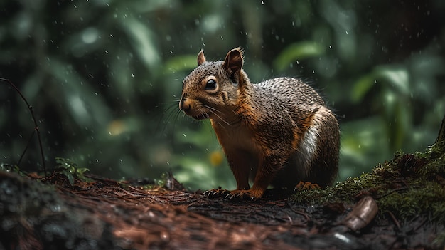 Uno scoiattolo in una foresta con una goccia di pioggia sullo sfondo