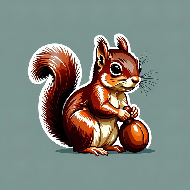 uno scoiattolo marrone cartoon carino con grandi occhi rossi uno squirrel carino con una noce su uno sfondo bianco