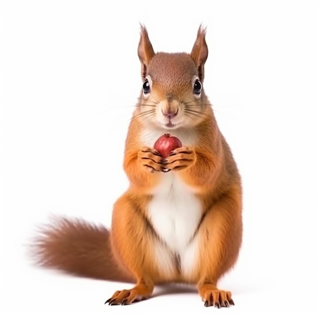 Uno scoiattolo rosso con un uovo rosso tra le mani