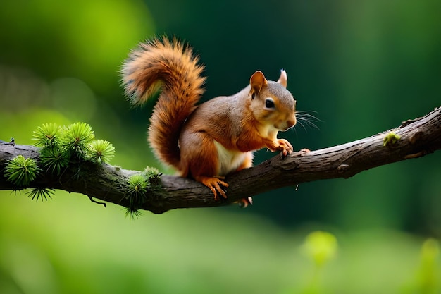 Uno scoiattolo rosso si siede su un ramo in una foresta verde.