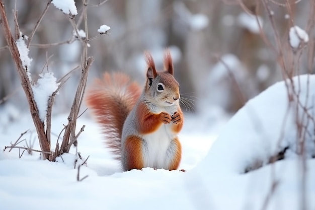 Uno scoiattolo rosso siede nella neve in inverno.