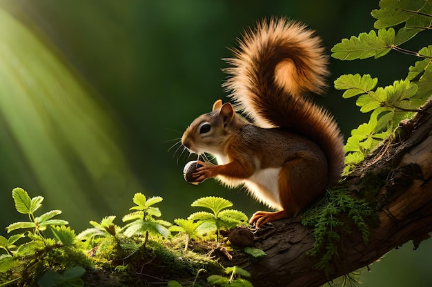 Uno scoiattolo si siede su un ramo di un albero con il sole che splende attraverso le foglie.