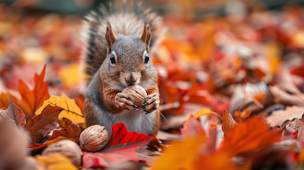 Uno scoiattolo tra le foglie cadute vibranti che tiene in mano una noce Generative Ai