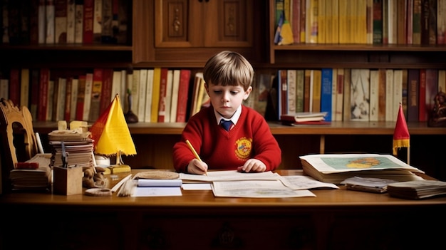 Uno scolaretto con una maglietta bianca si siede a una scrivania della scuola con una lente d'ingrandimento e un'AI generativa