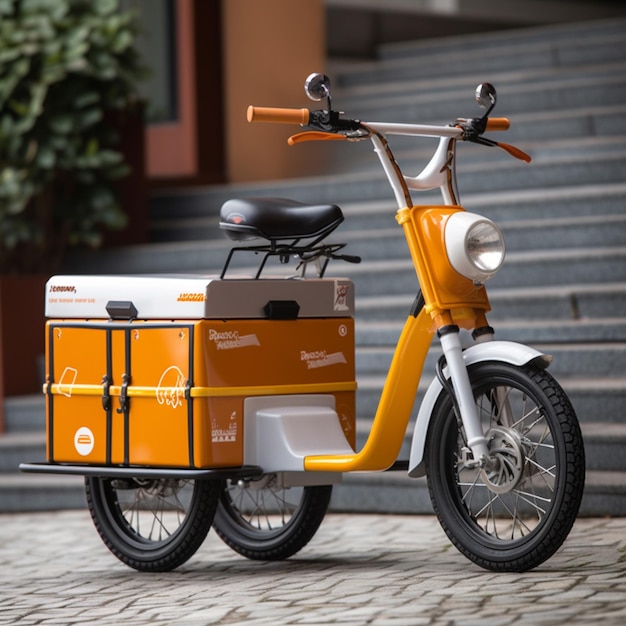 Uno scooter arancione con una scatola bianca con su scritto "scooter".
