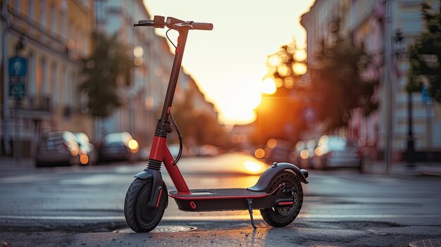 Uno scooter elettrico in piedi su una tavola da corsa in una strada della città