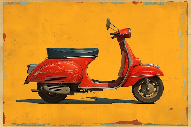Uno scooter vintage rosso spicca contro una parete rossa e gialla a righe