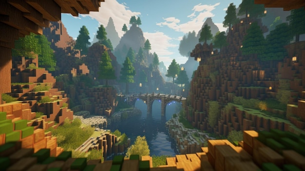 Uno screenshot di un gioco di minecraft con un ponte sullo sfondo.