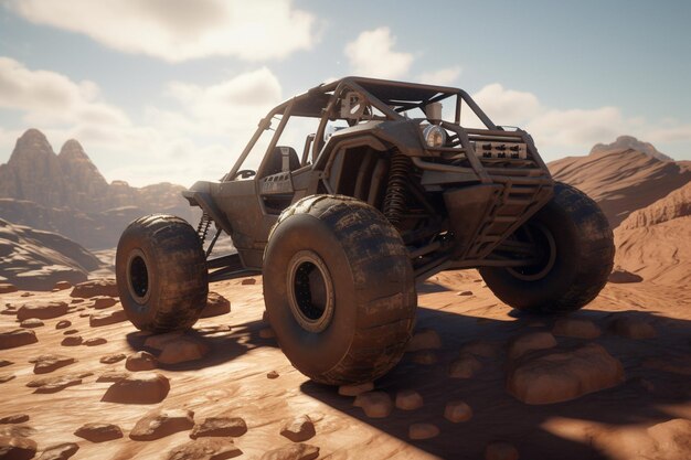 Uno screenshot di un veicolo in una scena nel deserto.