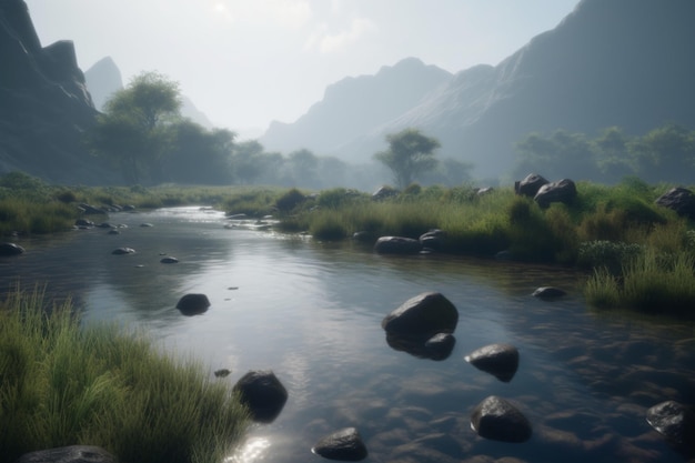 Uno screenshot di una scena fluviale con montagne sullo sfondo.