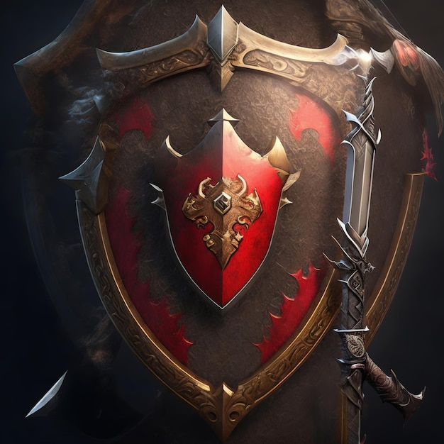 Uno scudo d'acciaio medievale che protegge i soldati con una spada