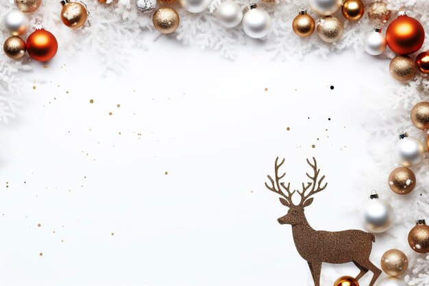 Uno sfondo a cornice colorato di decorazioni natalizie colorate e cervi Sfondio a cornice bianca