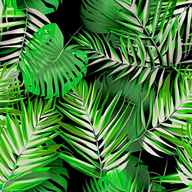 uno sfondo a pattern senza cuciture con un mix di fogliame verde rigoglioso tra cui foglie di palma di felci e foglie di monstera tropicale