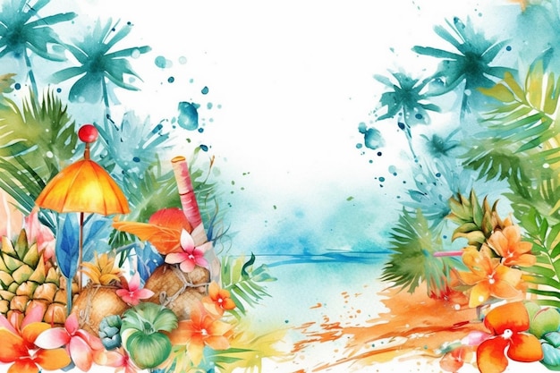 Uno sfondo acquerello colorato con ombrelloni da spiaggia tropicali e palme.