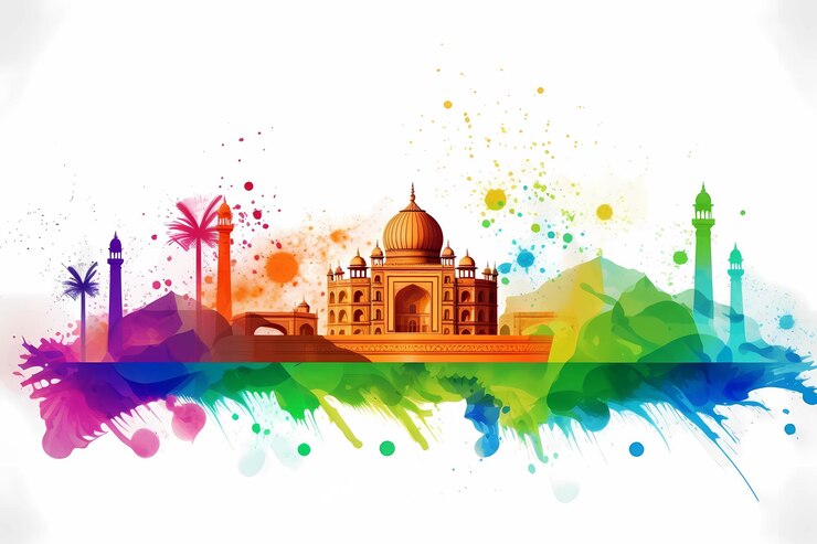 Uno sfondo acquerello colorato con taj mahal e montagne.