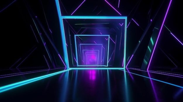 Uno sfondo al neon geometrico astratto è raffigurato in un rendering 3D con una cornice quadrata luminosa Una forma lineare laser può essere vista all'interno del tunnel buio