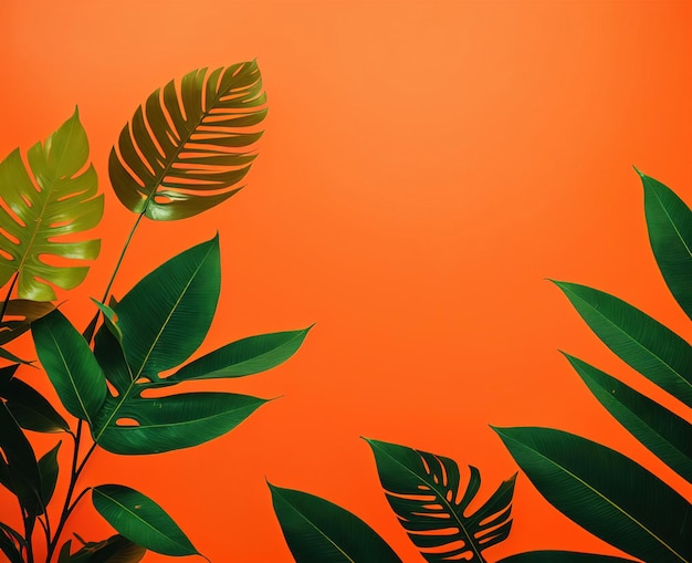 Uno sfondo arancione con foglie e una foglia verde su di esso.
