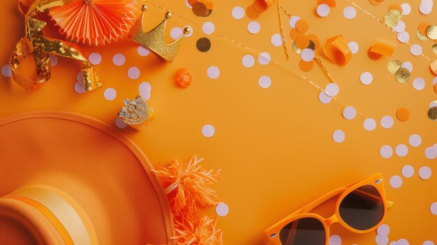 Uno sfondo arancione vibrante contiene un cappello occhiali da sole e decorazioni colorate per la festa Il cappello e il sungla